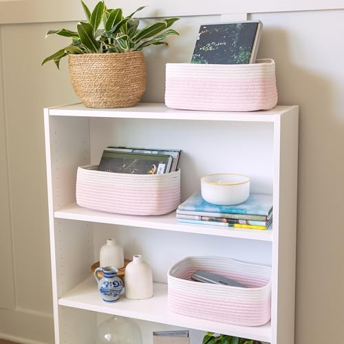 NaturalCozy 13.5”x8.5”x5.5” Rectangle Storage Baskets for Shelves 3 Pack | Cotton Rope Woven Small Baskets for Organizing | Small Storage Bins for Nursery, Bathroom, Closet, Shelf, Decorative - color: Off White & Mixed Pink, size: 13.5" x 8.5" x 5.5"