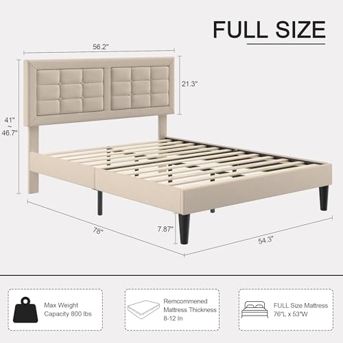 VECELO Full Size Bed Frame, Adjustable Upholstered Button Tufted Headboard, Heavy-Duty Bedframe with Wood Slats Support, No Box Spring Needed, Beige - color: Beige, size: Full, style: Bed Frame