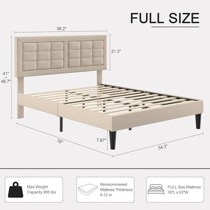 VECELO Full Size Bed Frame, Adjustable Upholstered Button Tufted Headboard, Heavy-Duty Bedframe with Wood Slats Support, No Box Spring Needed, Beige - color: Beige, size: Full, style: Bed Frame