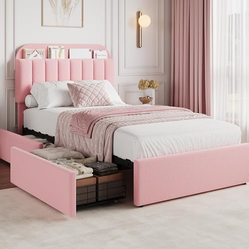 GarveeHome Twin Bed Frame, Platform Bed with Storage Headboard & Drawers | Boucle Upholstered Bed Frame for Kids, Bookcase Headboard, No Box Spring Needed, Easy Assembly, Light Pink - color: Light Pink, size: Twin