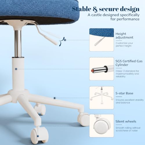 DurayLoly Vanity Chair with Wheels,Soft Teddy Fabric 6" Thick Cushion, Height Adjustable 17.5"–21.5", Open Back, 360° Swivel for Vanity Table, Home Office Dark Blue - color: Dark Blue