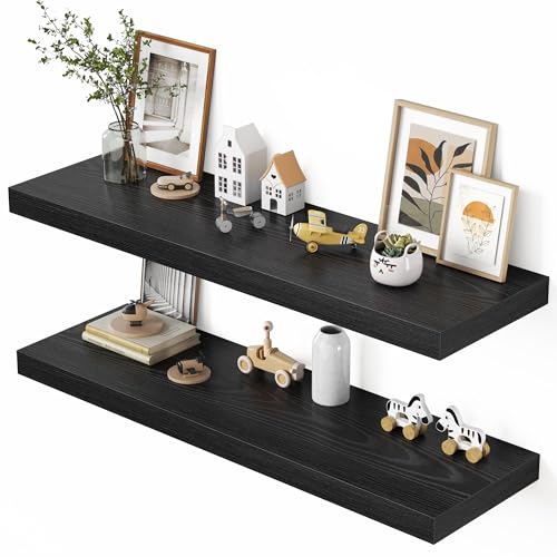 Dreamland 48" Floating Shelves for Wall, 12" Deep Thicker Black Floating Shelves, Wall-Mounted Shelves for Bedroom, Living Room, Kitchen, Bathroom - Set of 2 - color: Black, size: 48"W x 12"D x 2"H, Set of 2