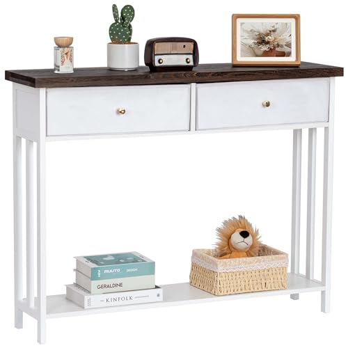 42" Solid Wood Console Table with 2 Fabric Drawers, Entryway Table with Storage Shelves, Sofa Table for Entryway, Hallway, Living Room, Kitchen or Behind Couch in Foyer, White - color: White
