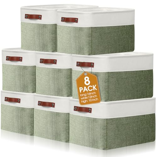 Uiifan 8 Pack 16 x 12 x 10 Inch Large Storage Baskets Collapsible Fabric Storage Cubes Bins with Handles for Shelves Closets Nursery Home Clothes Toys Organizers, Green - color: Green, size: 16 x 12 x 10 Inch