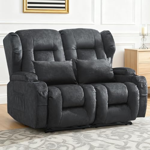 Loveseat Recliner Sofa,RV Wall Hugger Recliners for Small Spaces,Reclining Loveseat Sofa Recliner with Cup Holders/Lumbar Pillows,RV Furniture (Gray,56" 2-Seater) - color: Grey, size: 56" 2-Seater