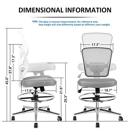 Drafting Chair, Tall Office Chair for Standing Desk, Drafting Stool with Lumbar Support, Adjustable Height and Foot Ring, Grey - color: Grey