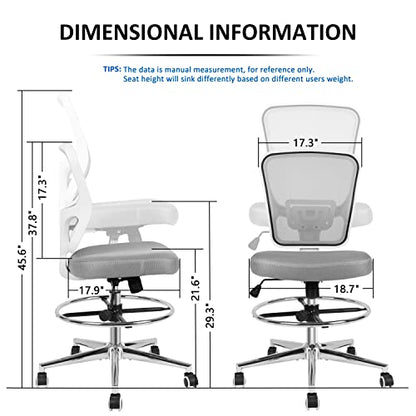 Drafting Chair, Tall Office Chair for Standing Desk, Drafting Stool with Lumbar Support, Adjustable Height and Foot Ring, Grey - color: Grey