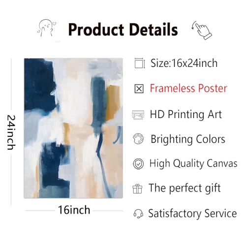 Blue and Grey Canvas Wall Art Brush Strokes Prints Contemporary Abstract Pictures Modern Minimalist Wall Art Navy Blue Beige Grey Abstract Pictures Modern Neutral Prints for Room 16x24inx2 No Frame - color: I-No Frame, size: 16L" x 24W"