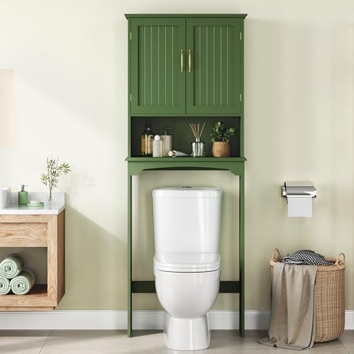 Yaheetech Over the Toilet Storage Cabinet, Bathroom Organizer, Green | Adjustable Shelf Frees Up Floor Space, Open Compartment, Beadboard Doors, Holds Towels, Anti-Tip Kit Included - color: Green