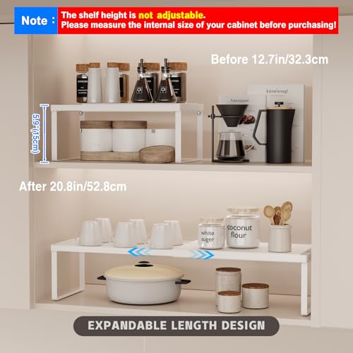 Magheo Expandable Cabinet Shelf Organizer, 2 Pack Stackable Kitchen Counter Shelf Riser, Metal Spice Rack Heavy Duty Countertop Organizer Storage for Kitchen, Pantry, Cupboard, Rv (5.9in Height,White) - color: White, size: 2 Pack-5.9in Height