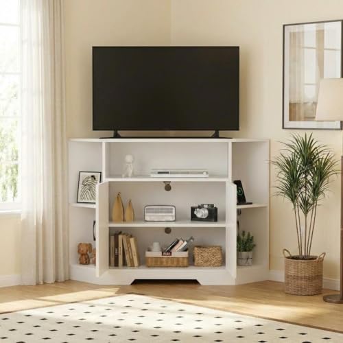 Garvee Corner TV Stand for TVs Up to 55 Inch with Power Outlet & Barn Doors | Mid Century Modern Farmhouse Entertainment Center with Adjustable Shelf, Storage Cabinets, Media Console for Living Room