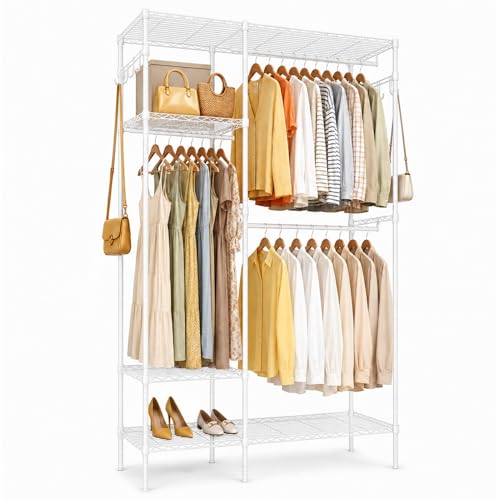 Clothes Rack with Adjustable Wire Shelves & Hanging Rods, White | Portable Clothing Garment Rack for Hanging Clothes, Freestanding Closet Organizer, Heavy Duty, Max Load 700Lbs - color: White