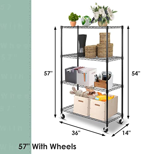 Shelving Storage Units on Wheels Casters, Adjustable Heavy Duty Metal Shelf Wire Storage Rack for Home Office Garage Kitchen Bathroom Organization,36" Wx14 Dx57 H - size: 4Tier 36"W x 14"D x 57"H