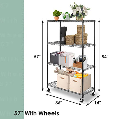 Shelving Storage Units on Wheels Casters, Adjustable Heavy Duty Metal Shelf Wire Storage Rack for Home Office Garage Kitchen Bathroom Organization,36" Wx14 Dx57 H - size: 4Tier 36"W x 14"D x 57"H