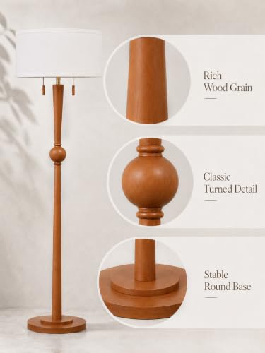 MOFFE Solid Wood Floor Lamp for Living Room,Pull Chains Standing Lamp | 62.8" Tall,17" White Drum Shade,Sculptural Wood Base & Stem,2-Light Design,Standing Lamp for Bedroom,2 Bulbs Included - color: Amber Walnut