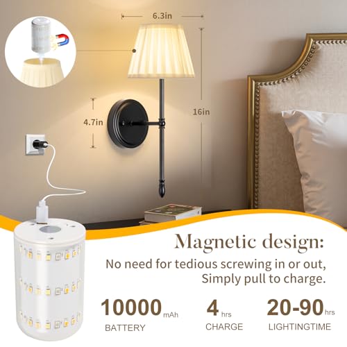 Battery Operated Wall Sconces Dimmable Led Bulds and Remote | Black Wireless Wall Lights Set of 2 , 10000mAh Rechargeable Fabric Wall Mounted Lamp for Bedroom, Living Room, Hallway - color: Black