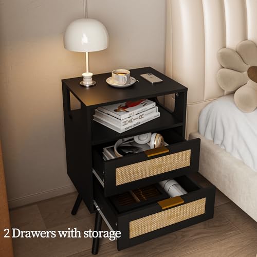 Rattan Nightstand,Farmhouse Bedside Table with 2 Storage Drawer and Open Wood Shelf, for Bedroom and Small Spaces,Night Stand with Solid Wood Legs (Black) - color: Black