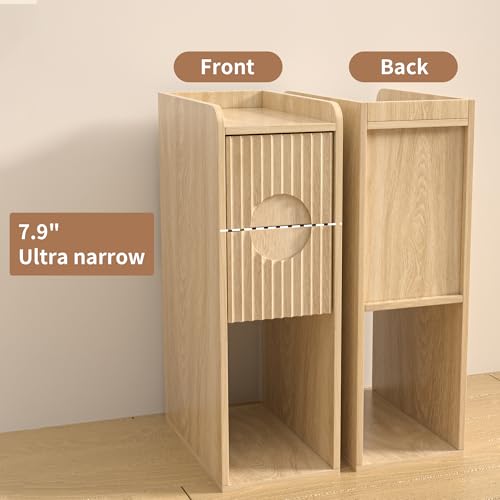 Small Fluted Nightstand Set of 2, Wood 2 Drawer Narrow Nightstand, Slim Side Table, Modern Boho End Bedside Table, Natural Wood Night Stand with Drawers for Bedroom, Living Room, Natural - color: Natural-2 Pcs