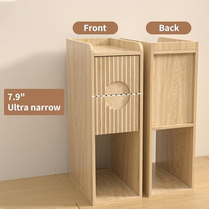 Small Fluted Nightstand Set of 2, Wood 2 Drawer Narrow Nightstand, Slim Side Table, Modern Boho End Bedside Table, Natural Wood Night Stand with Drawers for Bedroom, Living Room, Natural - color: Natural-2 Pcs