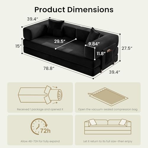 78.8" Convertible Futon Sofa Bed, Boneless Couch for Living Room | Corduroy Boneless Loveseat Sleeper Sofa, Modular Futon Couch with Storage Pocket, Pull Out Couch No Assembly | Black - color: Black