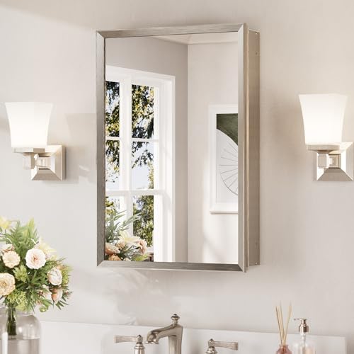 Keonjinn Bathroom Medicine Cabinet with Mirror 16 x 24 Inch, Brushed Nickel | Assembly Needed, Stepless Adjustable Shelves, Wall-Mounted or Recessed, Lightweight Aluminum, Bathroom Mirror with Storage - color: Brushed Nickel, size: 16x24 In
