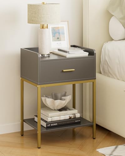 Masupu Gray Nightstand,3-Tier Modern Bedside Table Night Stand with Storage Drawer and Shelf,Small End Side Table for Bedroom,Living Room,(Without Outlet,) - color: Grey