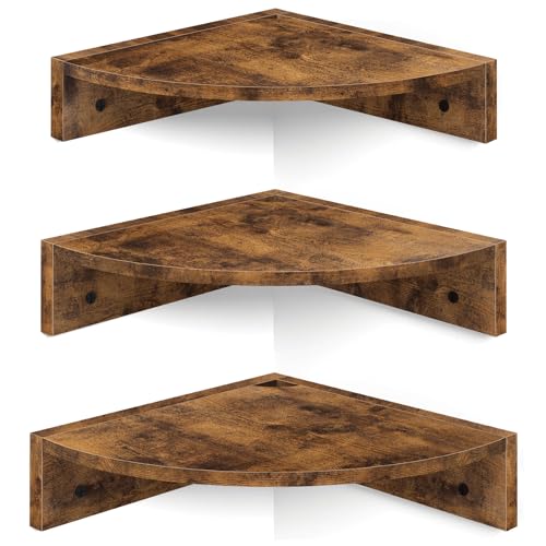 Corner Shelf Wall Mount, Set of 3 Floating Corner Shelves with Cord Hole, 3 Tier Wood Wall Display Shelf, Storage for Bathroom Living Room Kitchen Bedroom, Rustic Brown and Black - color: Brown