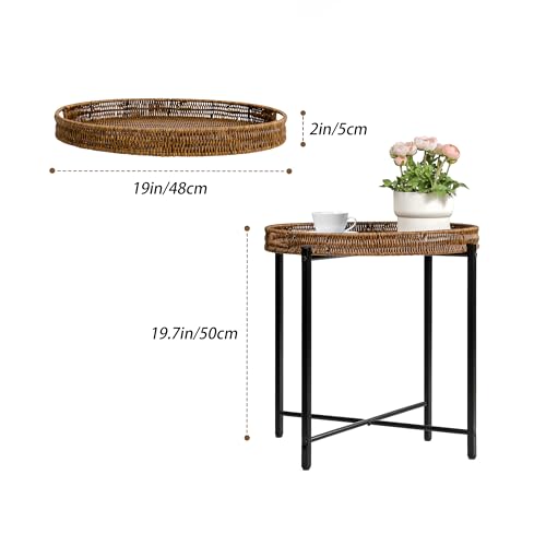 DINGTAI Brown Small Round End Table, 19in Rattan End Tables, Wicker Rattan Side Table, Round Sofa Side Table, Indoor Outdoor Side Tables for Patio, Living Room Bedroom Office