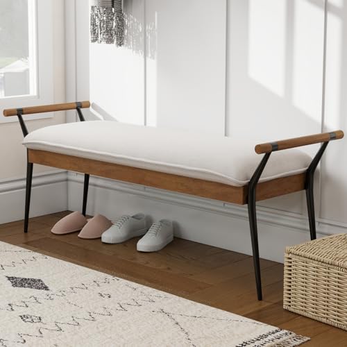 DUOMAY Modern Chenille Ottoman Bench with Arms & Metal Legs, White | Mid Century Rectangle Bench Footstool Dining Bench Entryway Shoe Bench For Bedroom Living Room - color: White