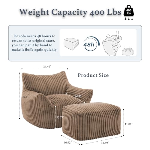 Gericco Oversized Bean Bag Chaise Lounge Chair Indoor for Adults with Armrests & Ottoman - Giant Comfy Khaki Beanbag Floor Sofa Cloud Accent Chair for Reading, Gaming, Cozy Plush Cloud Mini Couch - color: Khaki, size: XL Sofa Chair + Footstool