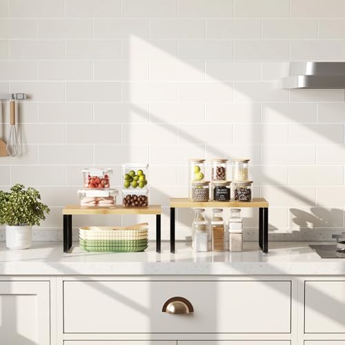 HOOBRO Cabinet Organizer Shelf, Set of 2 Kitchen Counter Shelves, Expandable Kitchen Storage, Stackable Bamboo Spice Rack, for Kitchen, Countertop, Office Desk, Bathroom, Natural and Black YB30TL01 - color: Natural, Black