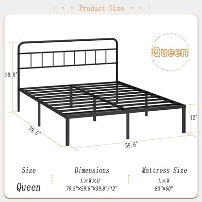 Kujielan 12 inches Queen Size Bed Frame with Minimalist Headboard, Black | Metal Platform Base with Strong Metal Slats,Mattress Foundation for Under Bed Storage,Easy Assembly - size: Queen