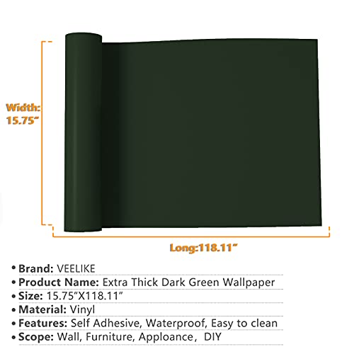 VEELIKE 15.7''x118'' Dark Green Peel and Stick Wallpaper Self Adhesive Solid Green Contact Paper Waterproof Decorative Vinyl Film for Walls Countertops Cabinets Shelf Drawer Liners Bedroom Kitchen - color: Dark Green, size: 15.7" x 118"
