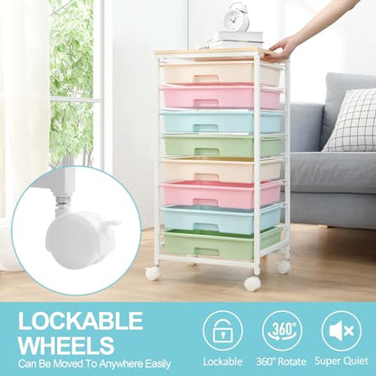 SYKIARIOL Rolling Cart with Drawers, 8 Drawers Utility Cart, Rainbow | Rolling Drawer Cart on Wheels with Wooden Tabletop for Living Room,Classroom,Bedroom,Bathroom,Dorm,Office - color: Rainbow