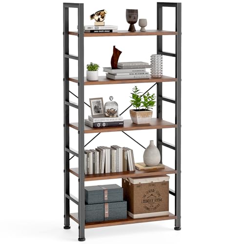 DUMOS 5 Tiers Bookshelf, Classical Modern Book Shelf, Tall Display Shelves in Living Room/Home/Office, Storage Organizer for CDs/Books/Movies, Rustic Brown | Tall Display Shelves in Living Room/Home/Office, Storage Organizer for CDs/Books/Movies, Rustic B