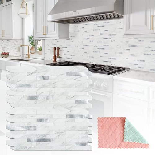 StyloVue 20 Sheets Peel and Stick Backsplash for Kitchen, White Marble with Metal Silver Look Stick on Tile Upgrade Your Kitchen Backsplash, RV, Fireplace - color: White Marble With Metal Silver