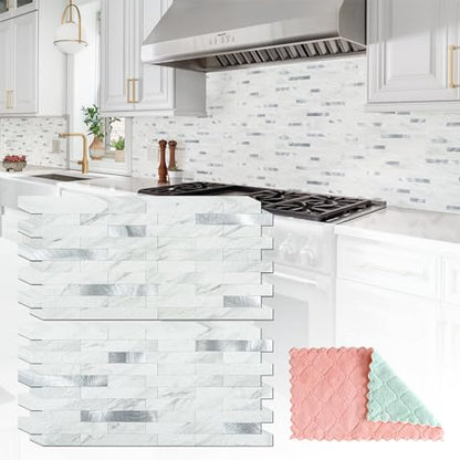 StyloVue 20 Sheets Peel and Stick Backsplash for Kitchen, White Marble with Metal Silver Look Stick on Tile Upgrade Your Kitchen Backsplash, RV, Fireplace - color: White Marble With Metal Silver