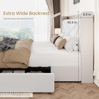 SHA CERLIN King Bed Frame, Storage Headboard with Drawers, Charging, White | Velvet Upholstered Bed, Modern Wingback Headboard, 3 Drawers, USB Charging Station, No Box Spring Needed, Easy Assembly - color: White, size: King