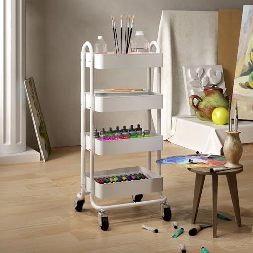 4 Tier Metal Rolling Cart with Wheels,4 Tier Utility Cart with Wheels for Office,Home,Kitchen,Garden（13.4"x18.1"x40"） White - color: White, size: 40"H