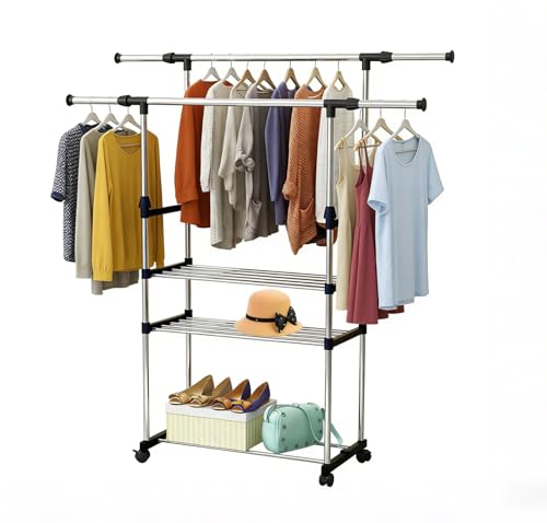 Double Rods Clothes Rack, Stainless Steel Extendable Clothing Garment Hanging Rack Shoe Display Organizer with Rolling Wheels Hold up to 77LBS - size: 59.1"D x 16.1"W x 57.1"H