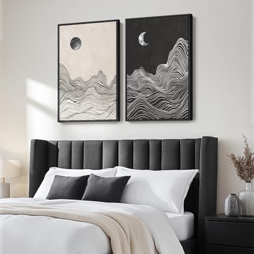 Large Framed Black and White Abstract Wall Art for Living Room, Set of 2 Modern Canvas Prints Paintings Artwork for Walls, Abstract Mountain and Moon Pictures for Bedroom Hallway Wall Decor 24x36 In - color: Celestial Flow, size: 24" W x 36" H x 2Pcs