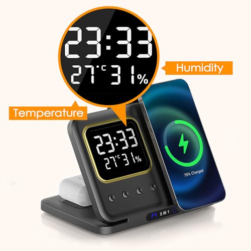 IHAO 5in1 Multi Functional Wireless Charger with Digital Clock 15W Fast Charge Night Light Temperature Display MagSafe Compliant for iPhone iWatch and Qi Headphone-DH13 Black - color: 5IN1 MagSafe Compliant DH13 Black