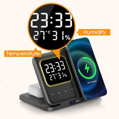 IHAO 5in1 Multi Functional Wireless Charger with Digital Clock 15W Fast Charge Night Light Temperature Display MagSafe Compliant for iPhone iWatch and Qi Headphone-DH13 Black - color: 5IN1 MagSafe Compliant DH13 Black