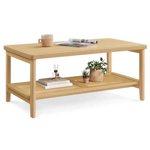 VASAGLE 2-Tier Coffee Table for Living Room, Rectangular Living Room Table, with PVC Rattan Storage Shelf, Rounded Corners, Easy Assembly, Boho Style, 21.7 x 39.4 x 17.7 Inches, Oak Beige ULCT240Y57 | Rectangular Living Room Table, Rounded Corners, Easy A