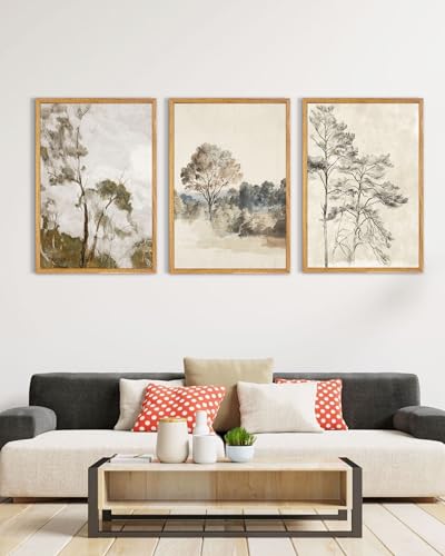UPWOIGH Neutral Landscape Framed Wall Art, 16 x 24 Inch, Set of 3 | Muted Tree and Countryside Prints, Soft Beige and Gray Tones, Light Wood Frames for Bedroom, Office and Living Room - color: Grey, size: 24"L x 16"W