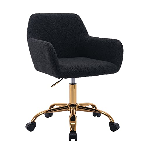 Faux Fur Office Desk Chair, Comfy Swivel Armchair with Wheels, Upholstered Fuzzy Vanity Chair, Adjustable Seat Height, Black | Fluffy Swivel Modern Armchair Upholstered Fuzzy Height Adjustable for Teens Women Girls Elegant for Living Room Bedroom - color: