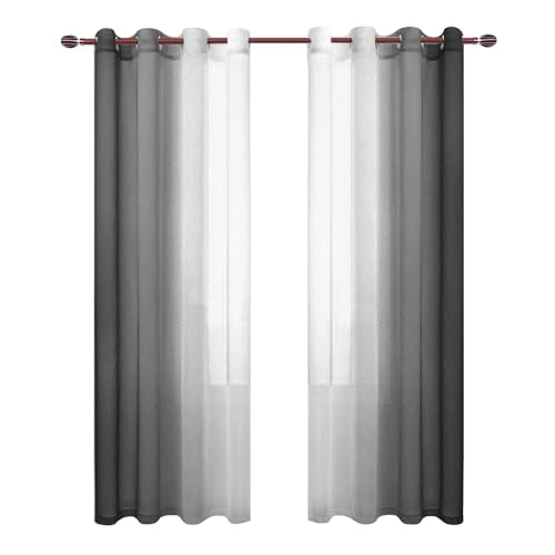 DWCN Black Ombre Sheer Curtains - Faux Linen Gradient Semi Voile Bedroom and Living Room Curtains, Set of 2 Grommet Top Window Curtain Panels, 52 x 90 Inches Long - color: Black, size: 52"W x 90"L (Pack of 2)