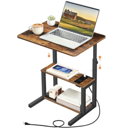 HOOBRO C-Shaped End Table, Adjustable Height Side Table with Power Strip | Couch Table with 20.5"L x 15"W Spacious Desktop, TV Tray Table with Storage Shelves for Living Room, Sofa Chair, Rustic Brown - color: Rustic Brown + Black