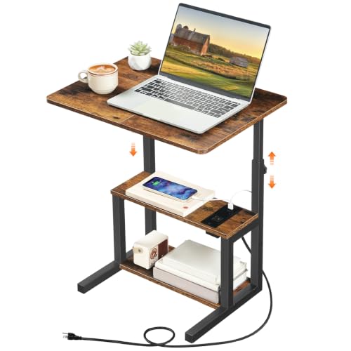 HOOBRO C-Shaped End Table, Adjustable Height Side Table with Power Strip | Couch Table with 20.5"L x 15"W Spacious Desktop, TV Tray Table with Storage Shelves for Living Room, Sofa Chair, Rustic Brown - color: Rustic Brown + Black