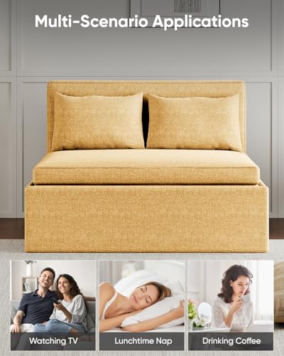 43.3" Twin Size Pull Out Sofa Bed，3-in-1 Linen Convertible Sleeper Sofa Bed,Loveseat Pullout Bed with Pillows and Tri-fold Mattress for Small Space/Bedroom,Yellow - color: Yellow, size: Twin